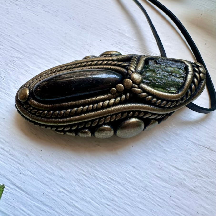 Black Tourmaline and Moldavite Necklace - FairyGardenGlow