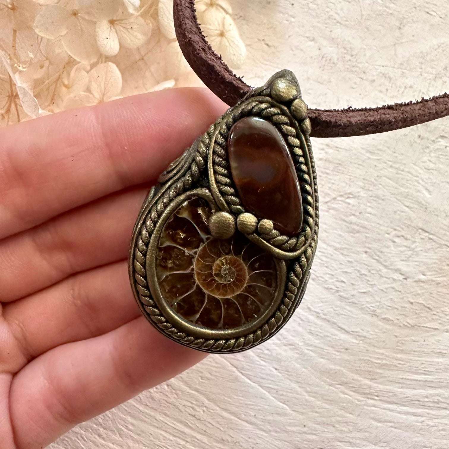 Ammonite and Fire Agate Necklace - FairyGardenGlow