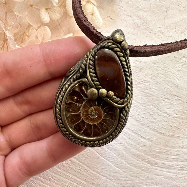 Ammonite and Fire Agate Necklace - FairyGardenGlow