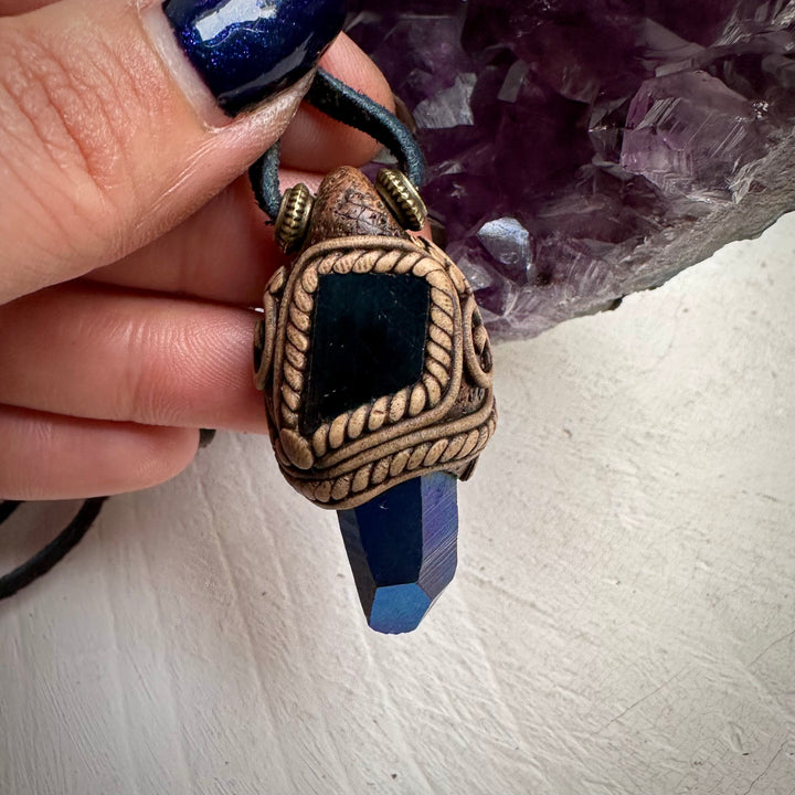 Cobalt Aura Quartz and Black Tourmaline Pendant Necklace - FairyGardenGlow