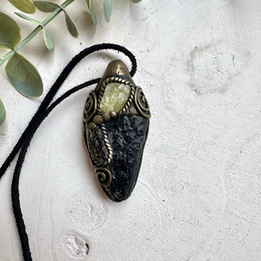 Black Tektite Moldavite and Brazilianite Pendant Necklace