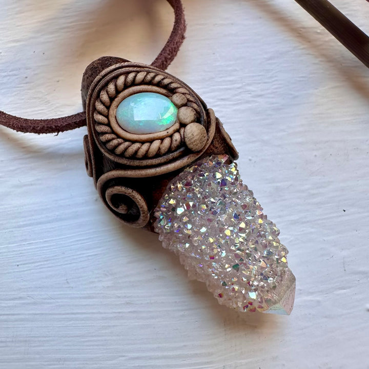 Angel Aura Spirit Quartz and Australian Opal Necklace - FairyGardenGlow
