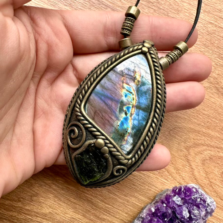 Purple Labradorite and Moldavite Necklace, Handmade Protection Amulet - FairyGardenGlow