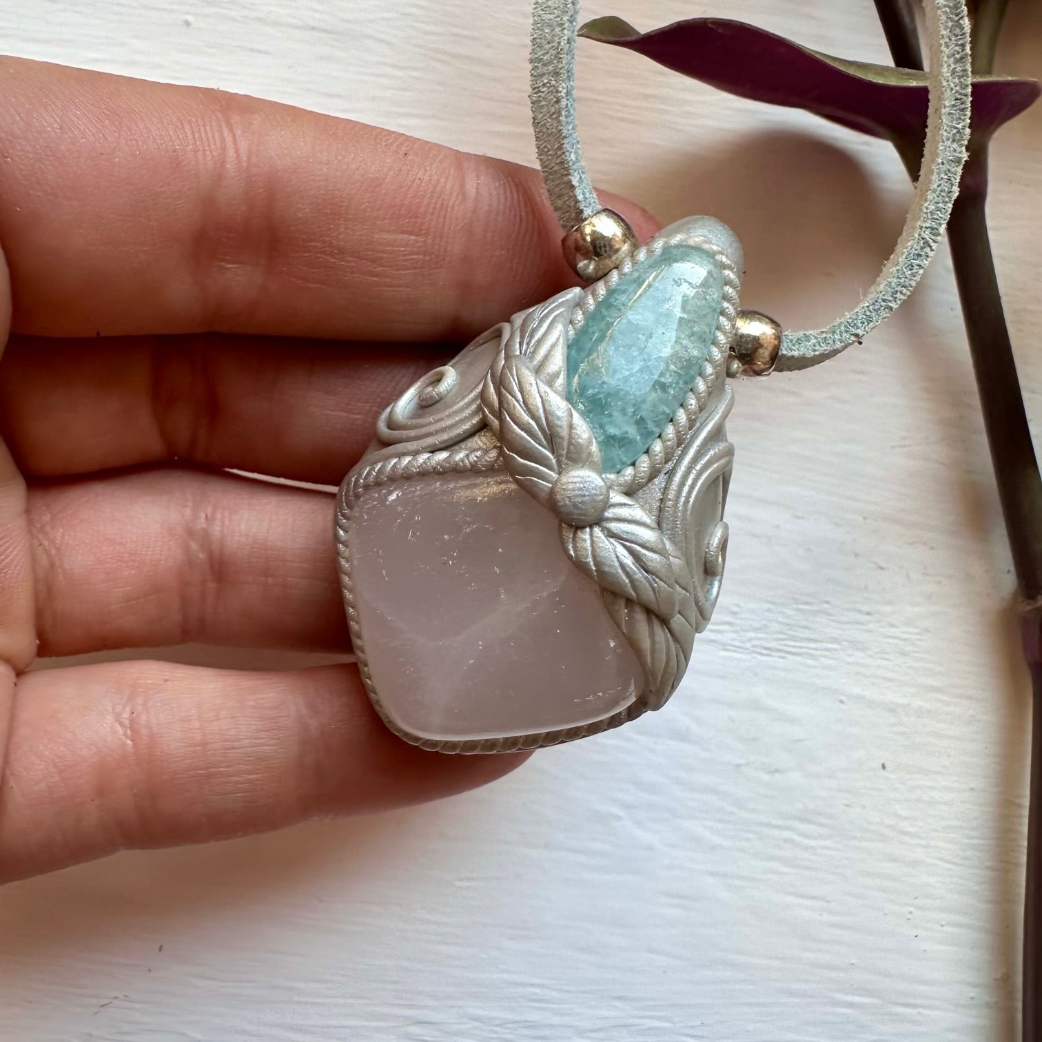Mango Calcite and Aquamarine Pendant Necklace - FairyGardenGlow