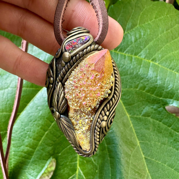 Sunset Aura Spirit Quartz and Boulder Opal Necklace - FairyGardenGlow