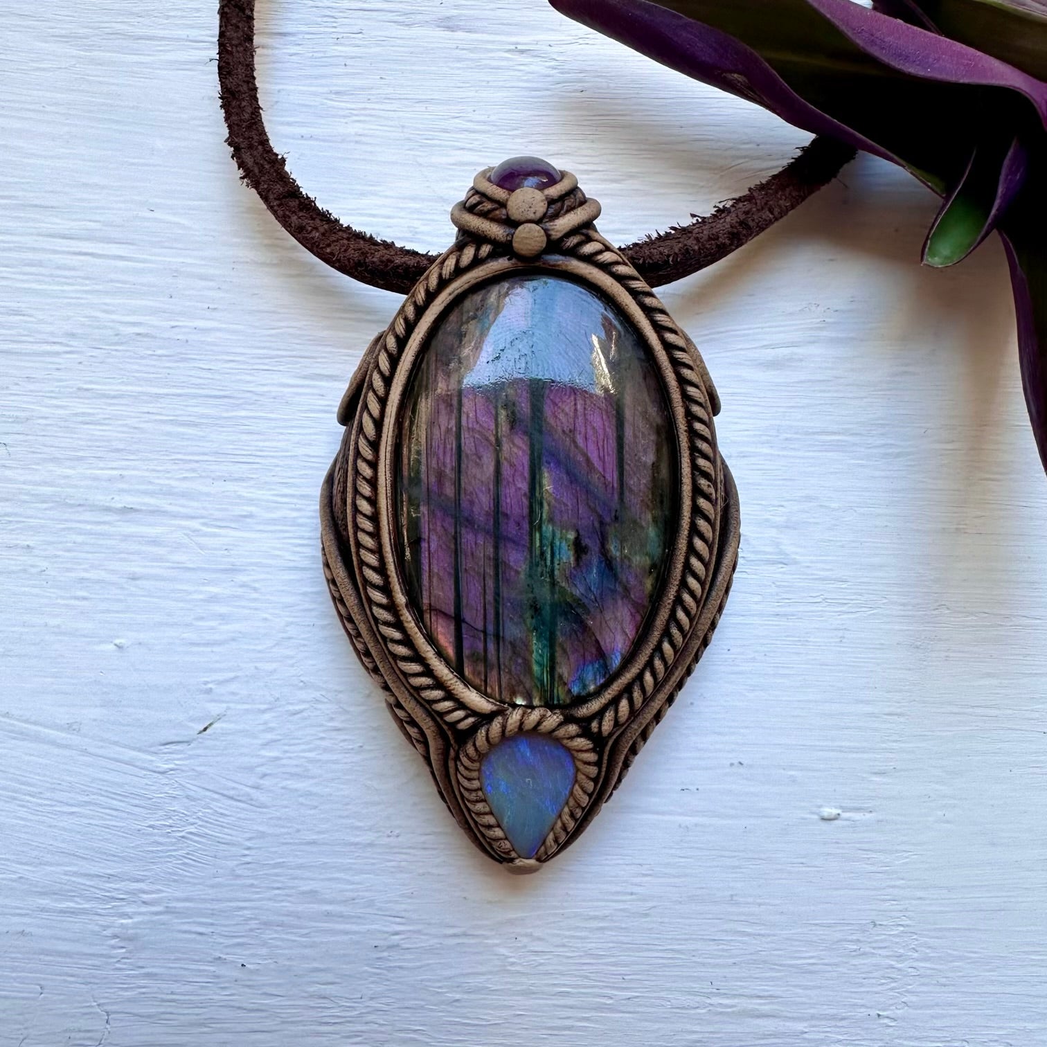 Purple Labradorite Amethyst and Australian Opal Necklace - FairyGardenGlow