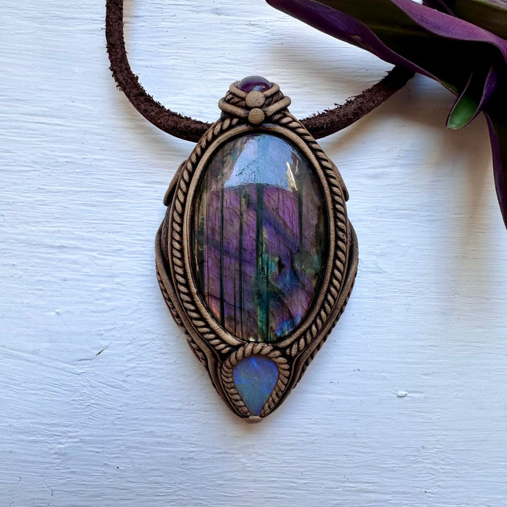 Purple Labradorite Amethyst and Australian Opal Necklace - FairyGardenGlow