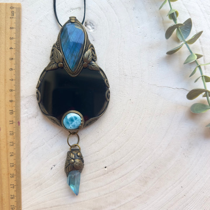 Spiritual wall hanging with Black Obsidian mirror and healing crystals