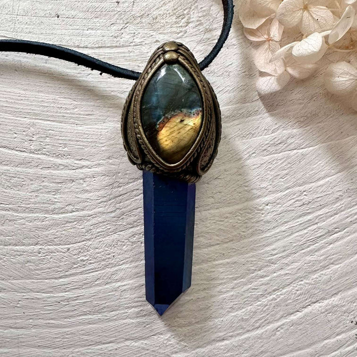 Cobalt Aura Quartz and Labradorite Necklace - FairyGardenGlow