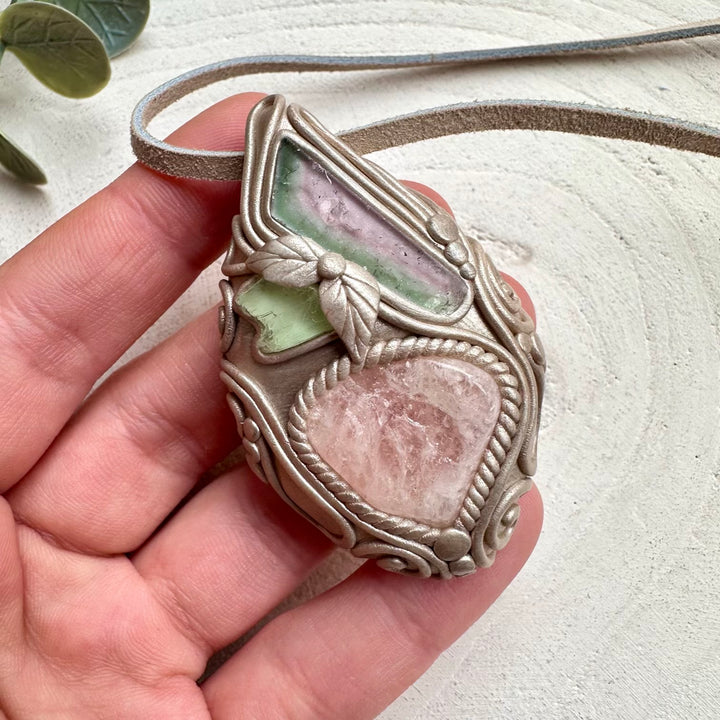 Morganite watermelon tourmaline and hiddenite healing crystal necklace