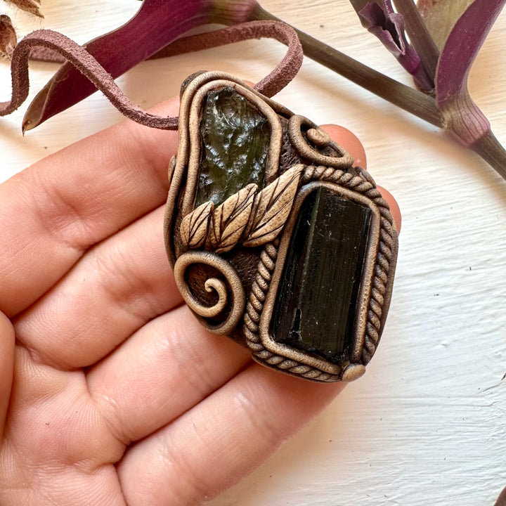 Black Tourmaline and Moldavite Necklace - FairyGardenGlow
