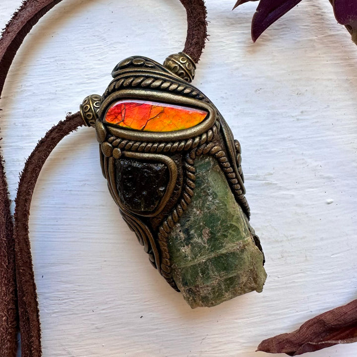 Green Kyanite Ammolite and Moldavite Pendant Necklace - FairyGardenGlow