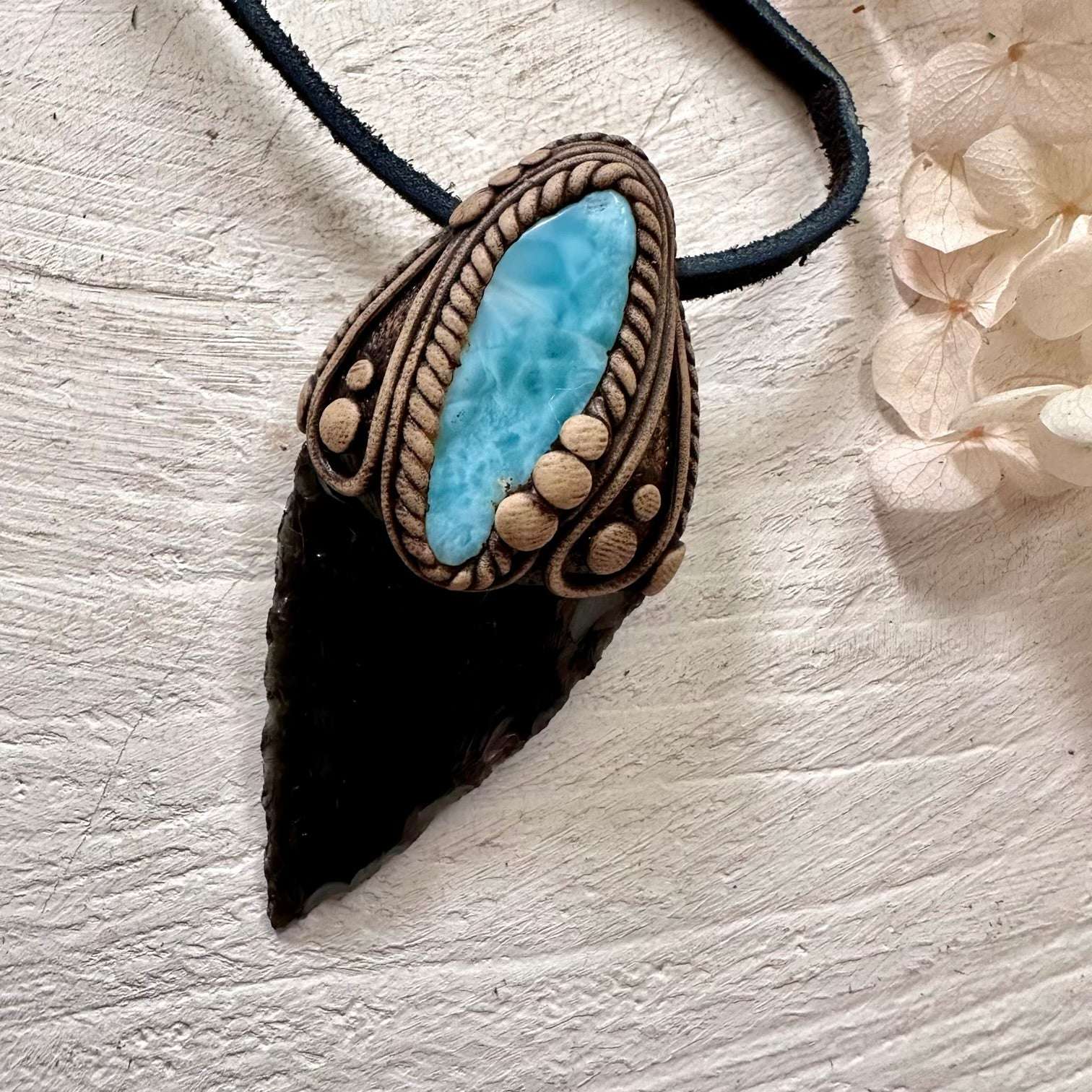 Black Obsidian Arrowhead and Larimar Necklace - FairyGardenGlow