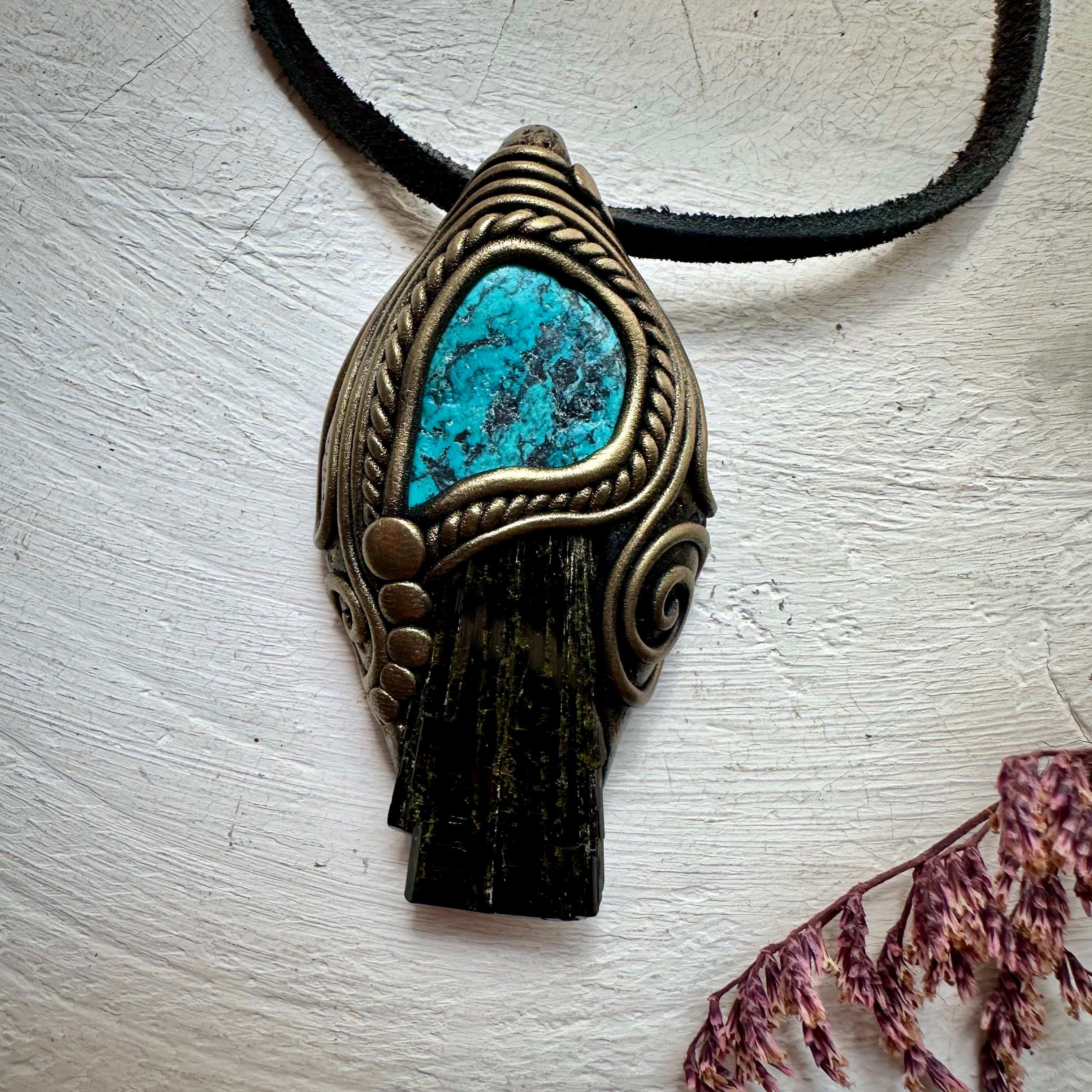 Epidote and Turquoise Pendant Necklace - FairyGardenGlow