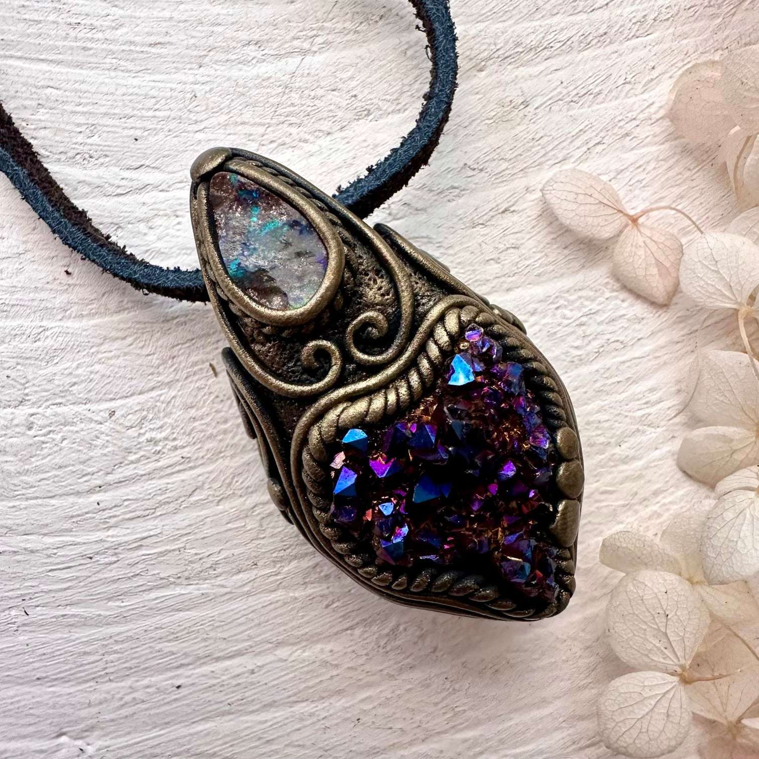 Cobalt Aura Quartz Cluster and Boulder Opal Pendant Necklace - FairyGardenGlow
