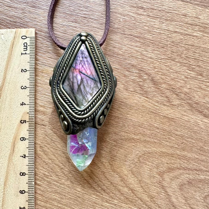 Labradorite and Angel Aura Quartz Pendant Necklace, Unique Handmade Jewelry - FairyGardenGlow