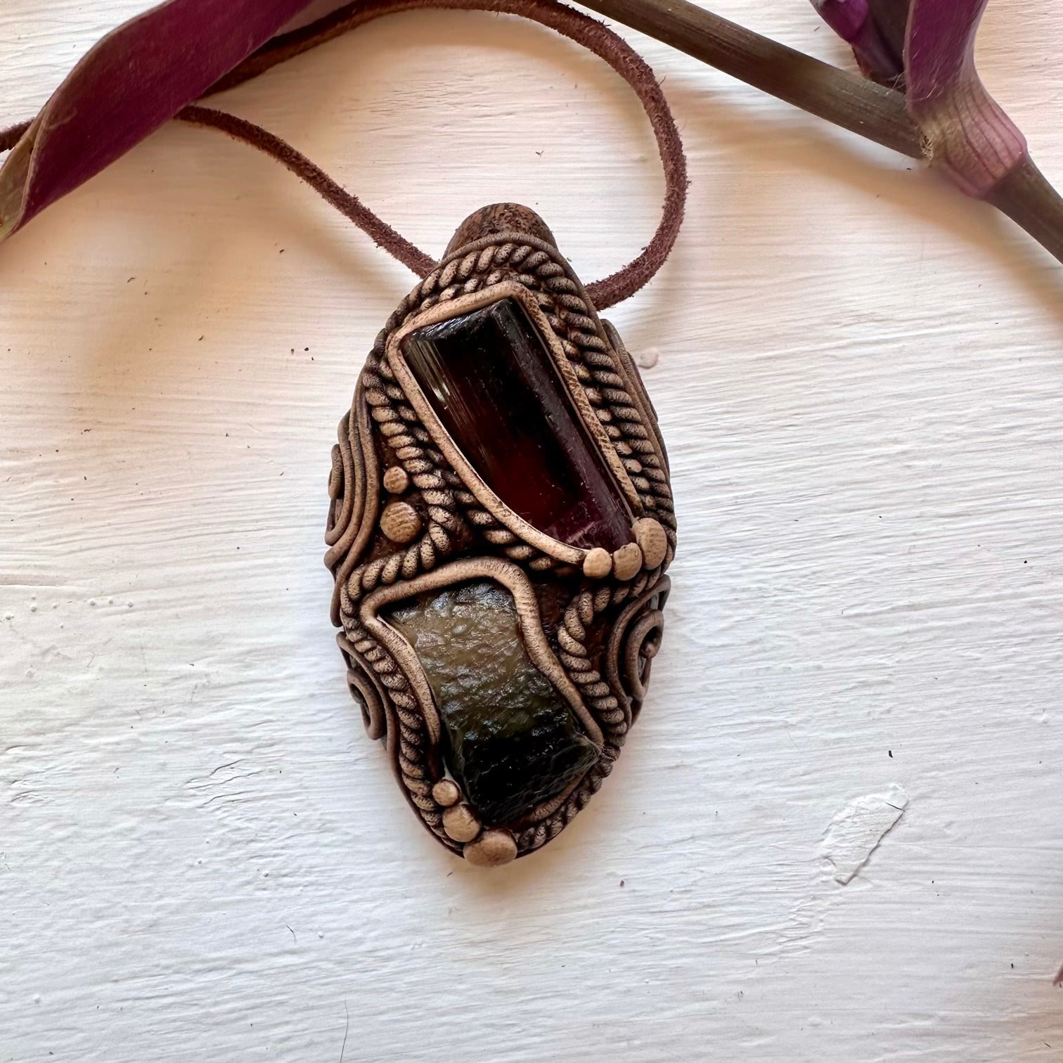 Rubellite Tourmaline and Moldavite Pendant Necklace - FairyGardenGlow