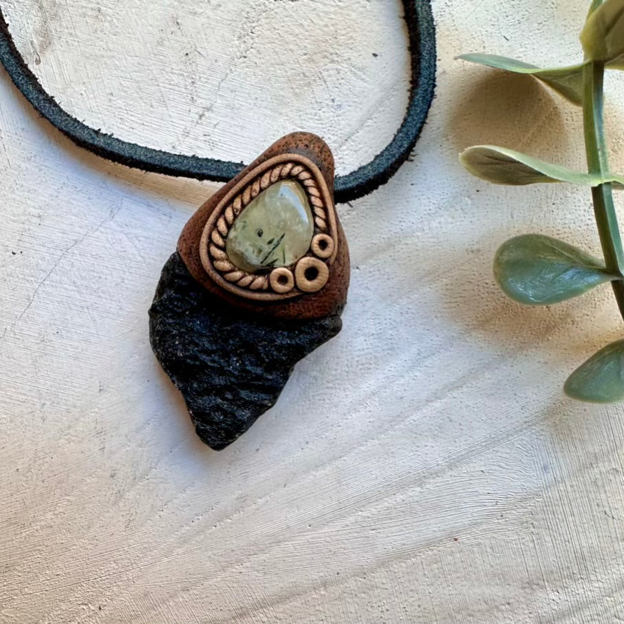 Black Tektite and Epidote in Prehnite Pendant, Unisex Gemstone Necklace