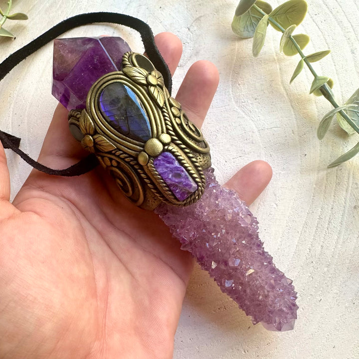 Long Deep Purple Spirit Quartz healing wand pendant handcrafted with genuine natural crystals.