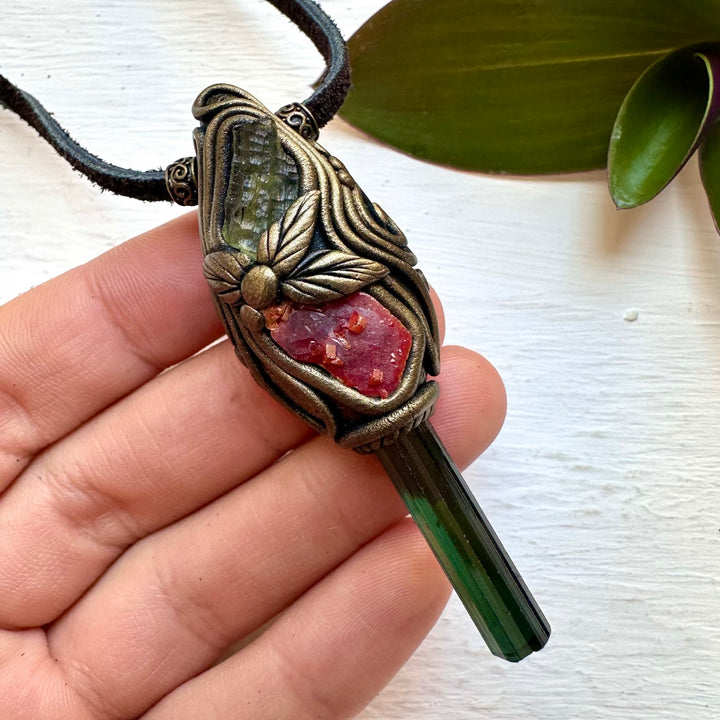 Blue-Green Tourmaline Vanadinite and Moldavite Necklace, Healing Crystal Jewelry - FairyGardenGlow