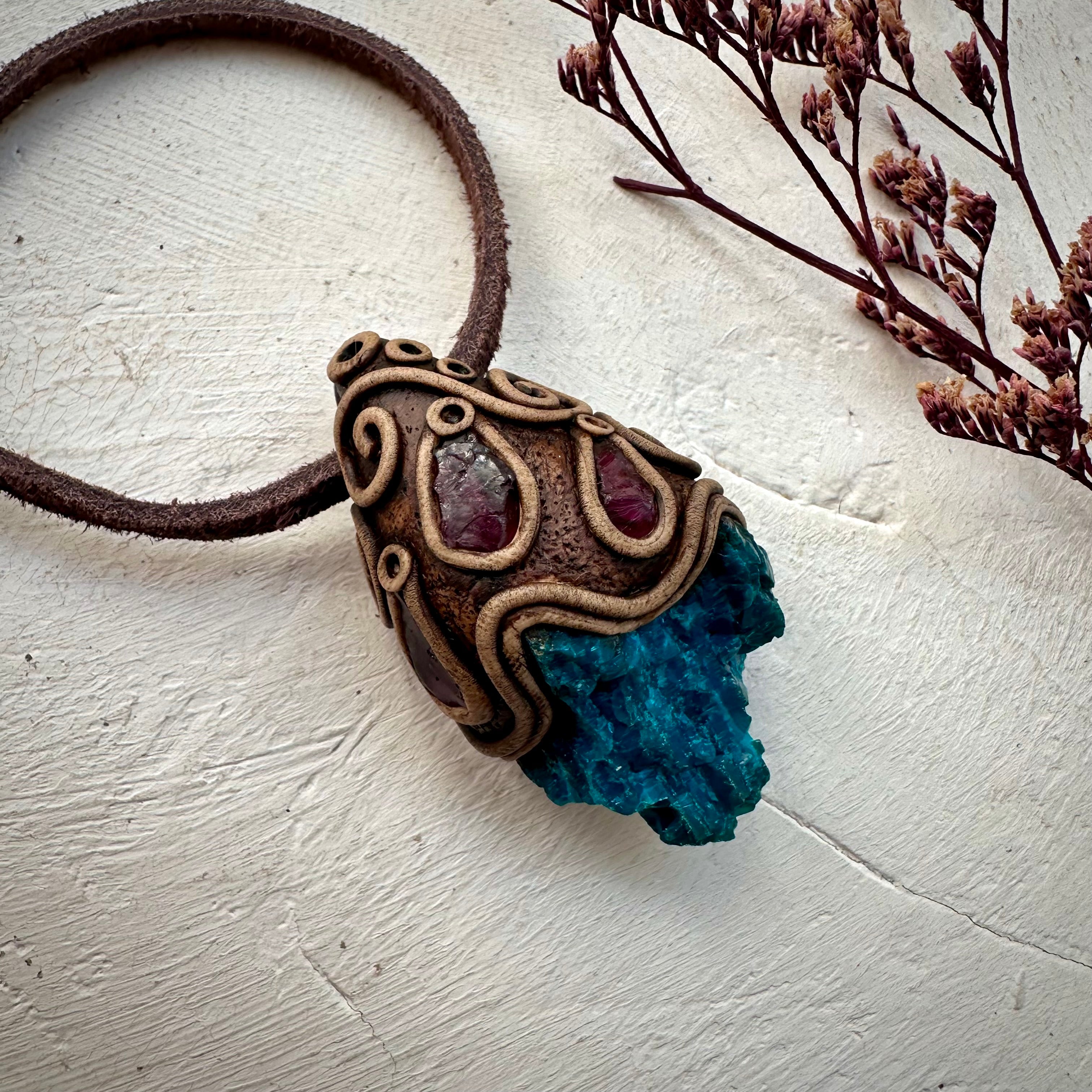 Raw Chrysocolla and Rhdololite Garnet Pendant Necklace - FairyGardenGlow