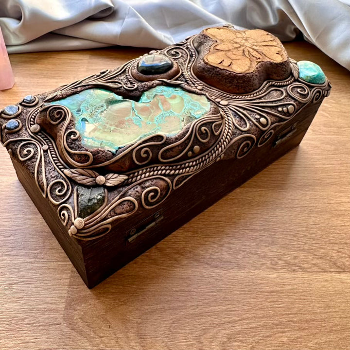 Wooden Box Decorated with Crystals, Handmade Crystal Box, Unique Home Decor with Crysocolla Malachite, Ayahuasca Slice, Labradorite, Atacama Opal, Blue Sapphire and Moldavite - FairyGardenGlow