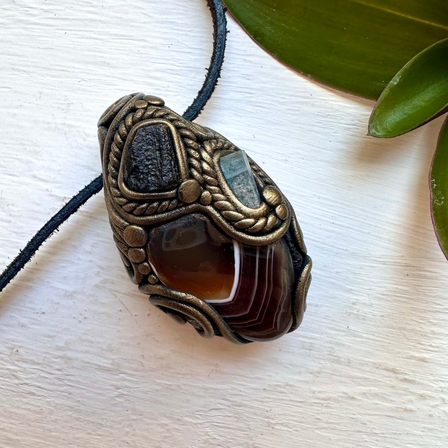 Botswana Agate Aquamarine and Moldavite Necklace, Handmade Crystal Jewelry - FairyGardenGlow