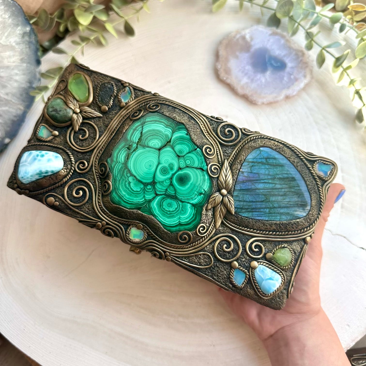 Unique spiritual decor box with moldavite crystal
