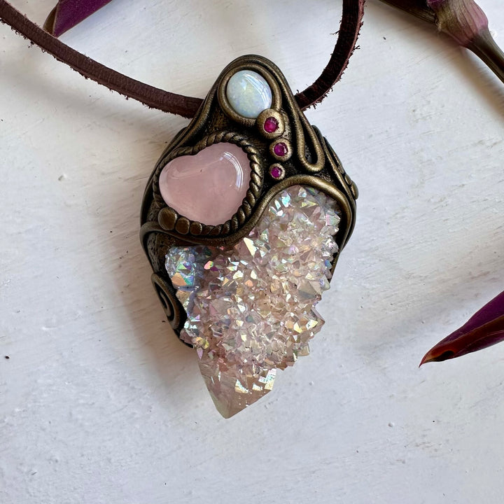 Angel Aura Spirit Quartz Rose Quartz Heart Australian Opal and Ruby Wand / Necklace - FairyGardenGlow
