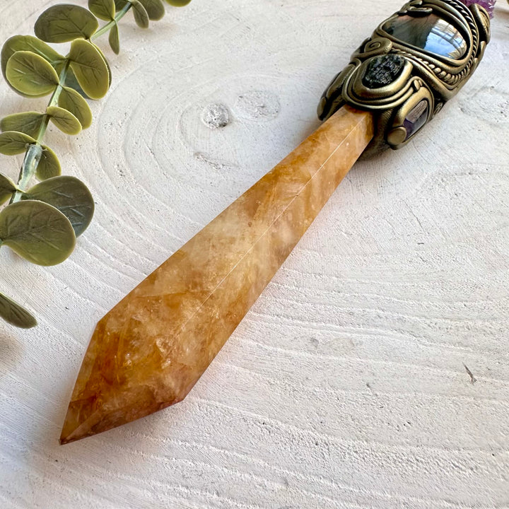 Natural gemstone wand featuring Golden Healer Quartz in a one of a kind handmade design.