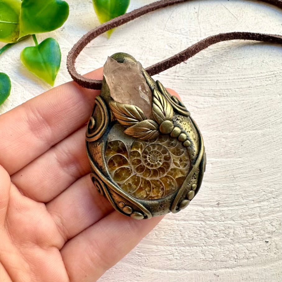 Ammonite and Pink Amethyst Pendant Necklace