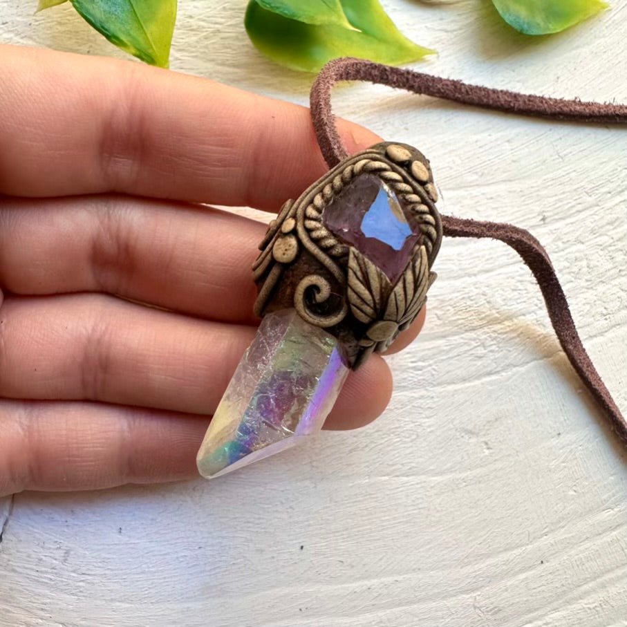 Angel Aura Quartz and Raw Amethyst Necklace FairyGardenGlow