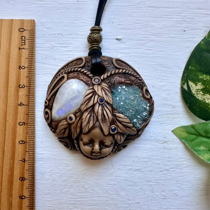 Handmade Goddess Crystal Necklace with Aqua Aura Quartz Moonstone and Blue Sapphire - FairyGardenGlow