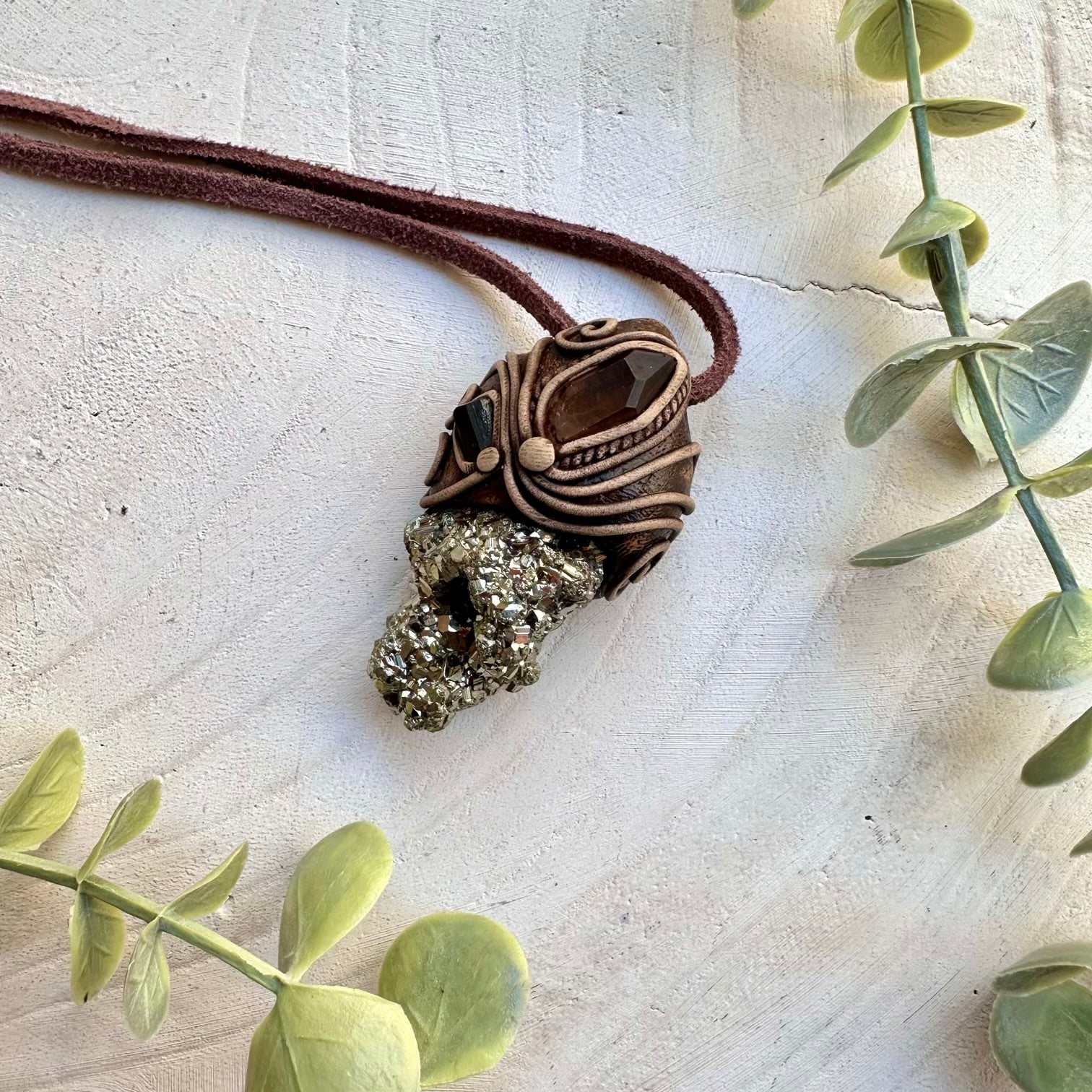 Pyrite Cluster with Smoky Quartz and Black Tourmaline Pendant Necklace