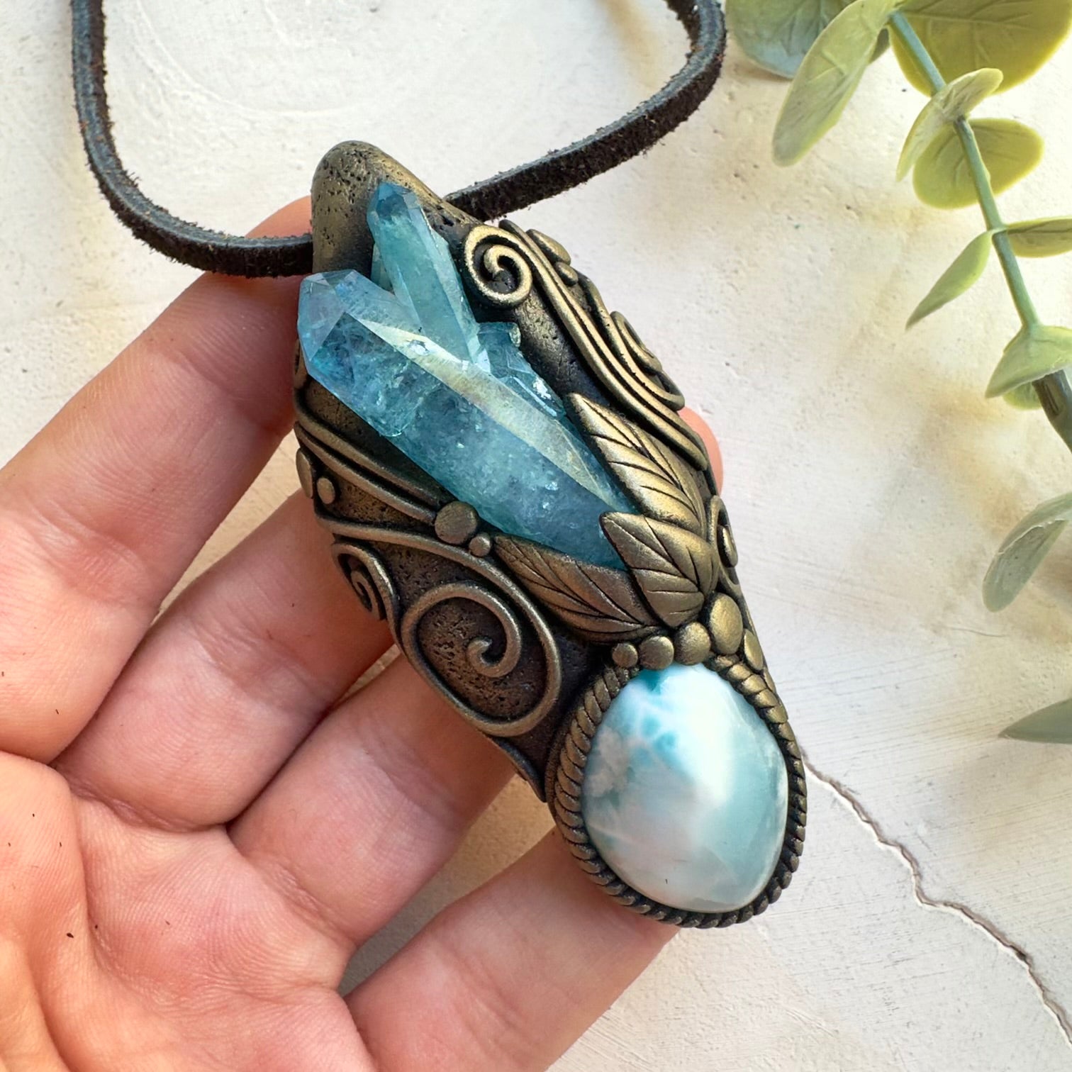 Natural gemstone necklace with Aqua Aura Quartz and Larimar