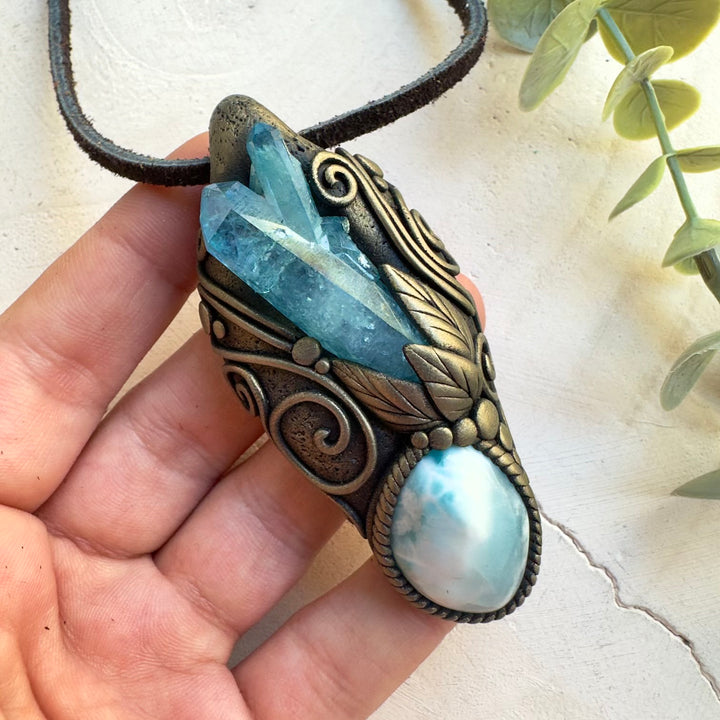 Natural gemstone necklace with Aqua Aura Quartz and Larimar