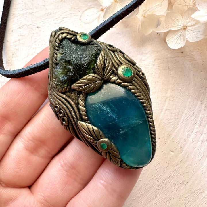 Blue Fluorite Moldavite and Emerald Pendant Necklace - FairyGardenGlow