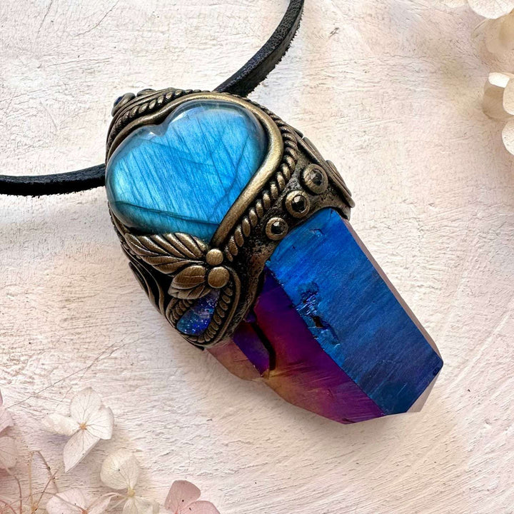 Cobalt Aura Quartz, Blue Labradorite Heart, Boulder Opal and Blue Sapphire Crystal Wand / Unique Crystal Pendant - FairyGardenGlow