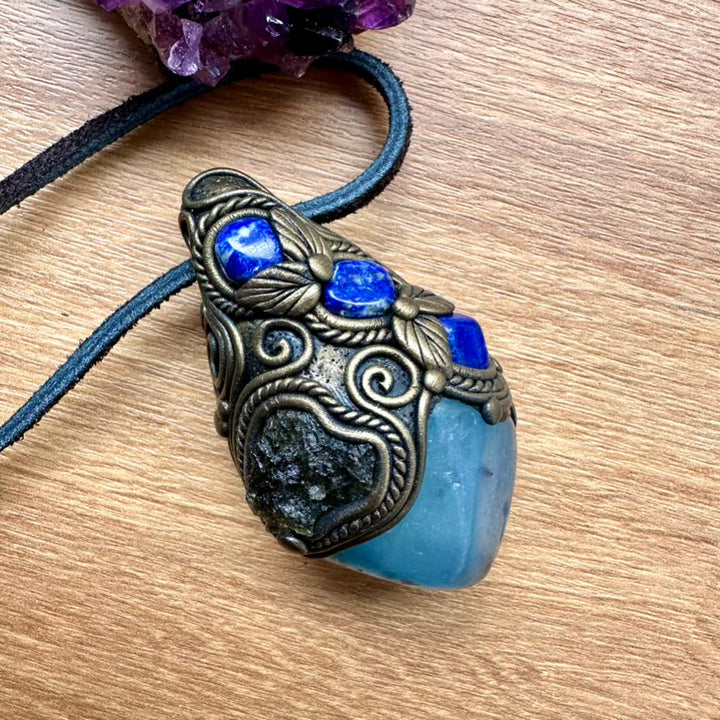 Aquamarine including Black Tourmaline Moldavite and Lapis Lazuli Crystal Pendant Necklace / Healing Crystal Talisman - FairyGardenGlow