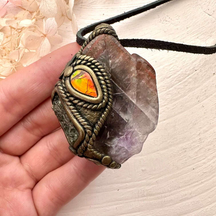 Super Seven Quartz Ammolite and Moldavite Pendant, Handmade Crystal Necklace - FairyGardenGlow