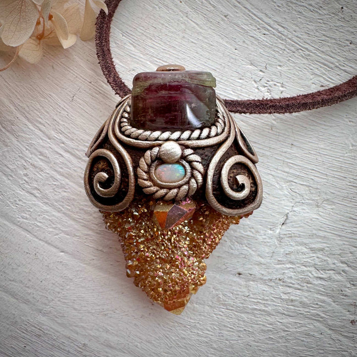 Sunset Aura Spirit Quartz with Bi Color Tourmaline and Australian Opal Necklace - FairyGardenGlow