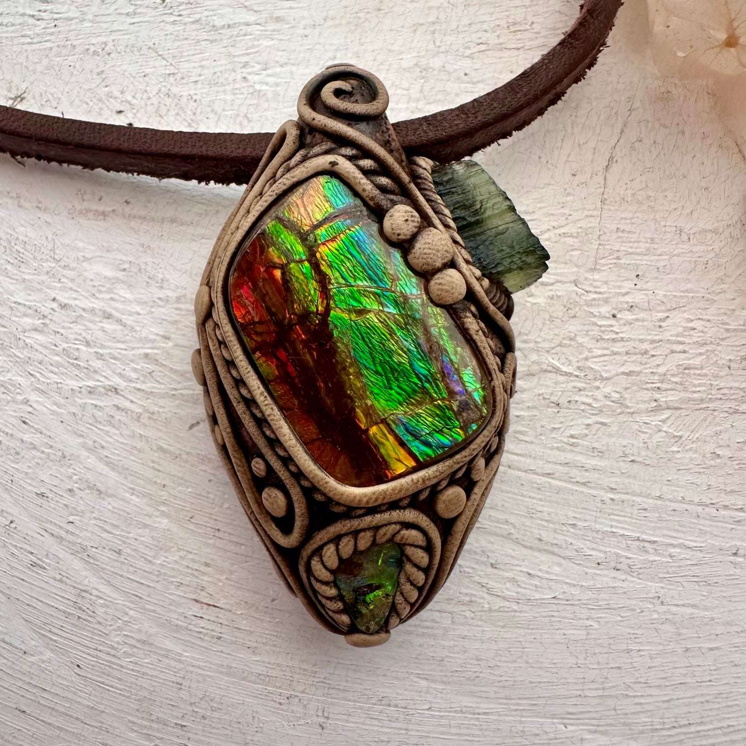 Ammolite Boulder Opal and Moldavite Necklace - FairyGardenGlow