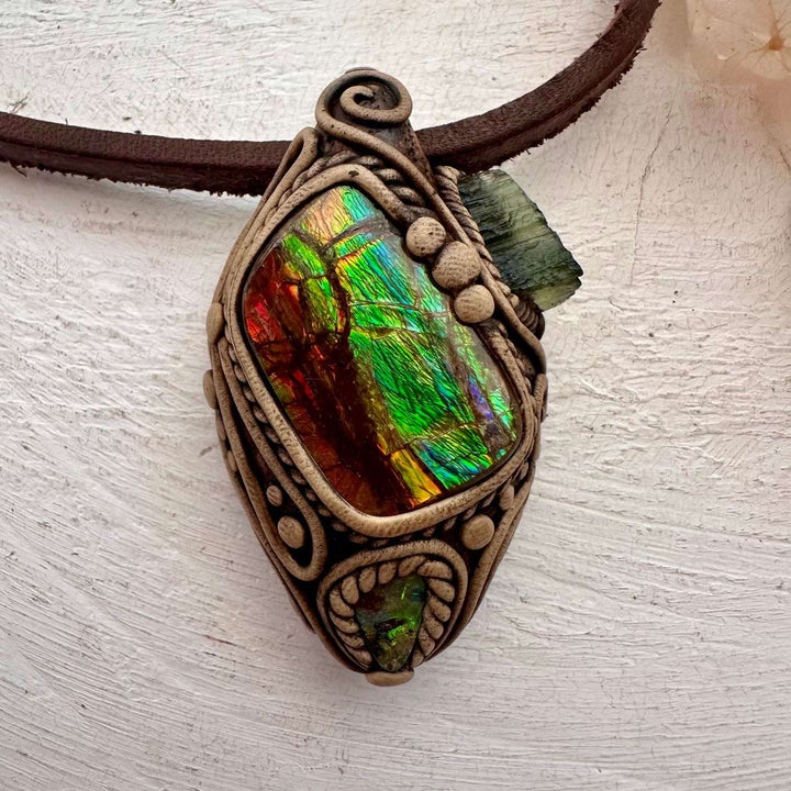 Ammolite Boulder Opal and Moldavite Necklace - FairyGardenGlow