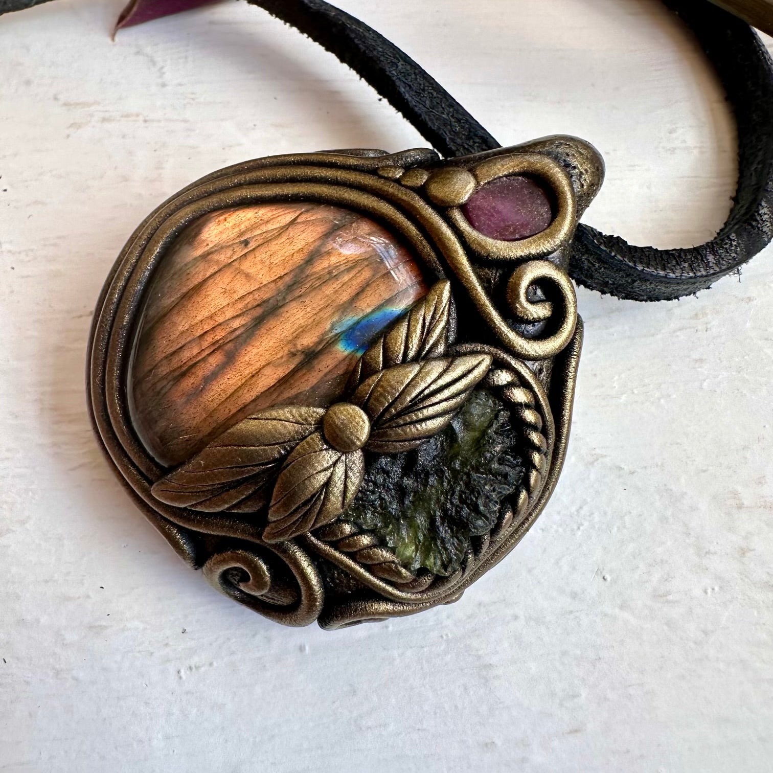 Labradorite Moldavite and Ruby Necklace - FairyGardenGlow