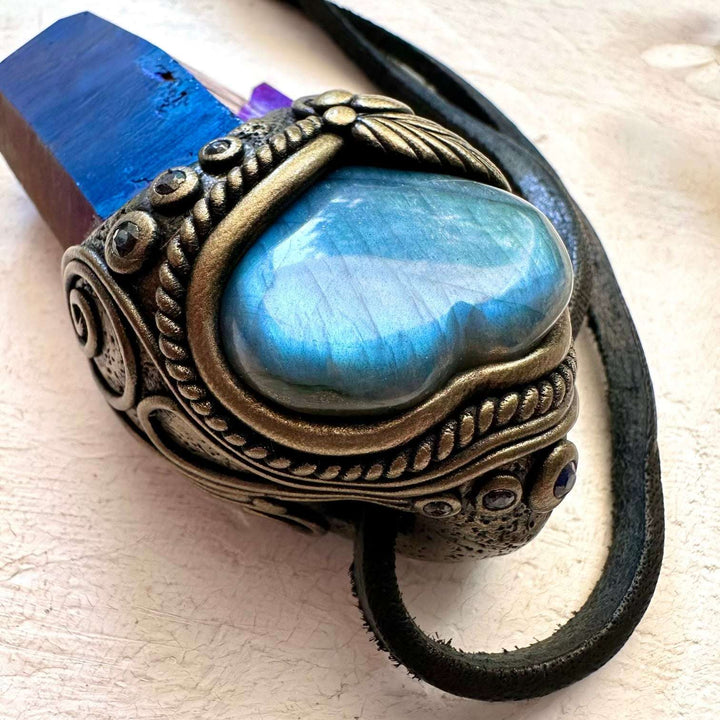 Cobalt Aura Quartz, Blue Labradorite Heart, Boulder Opal and Blue Sapphire Crystal Wand / Unique Crystal Pendant - FairyGardenGlow