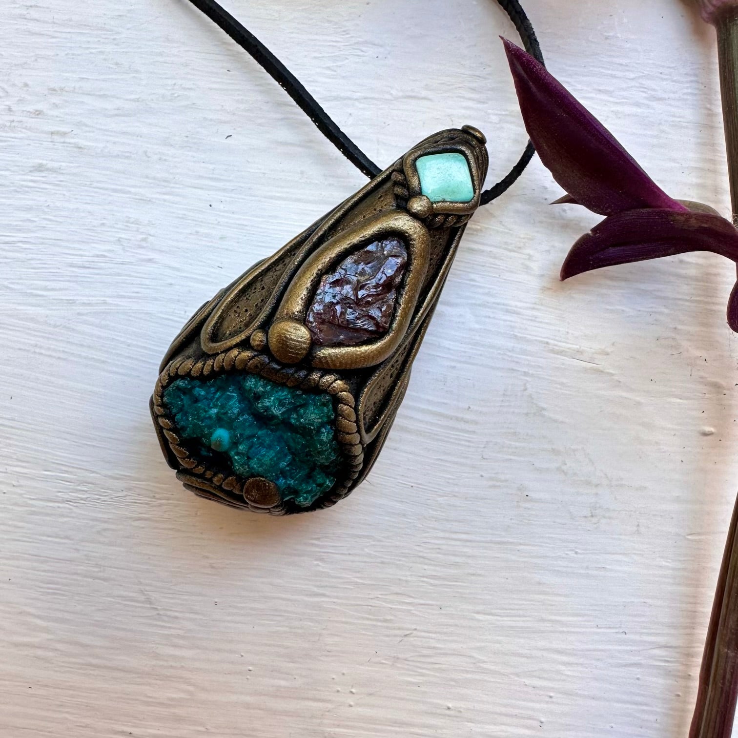 Raw Chrysocolla Red Garnet and Tibetan Turquoise Necklace - FairyGardenGlow