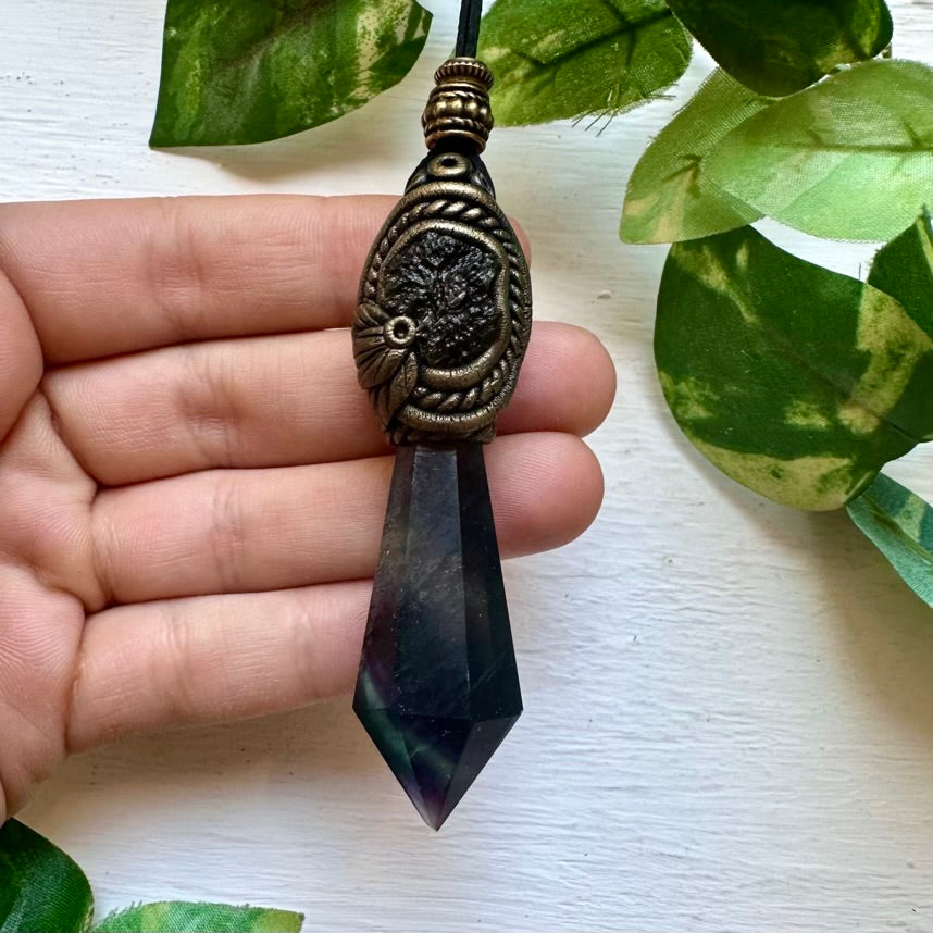 Blue Rainbow Fluorite and Moldavite Pendant Necklace - FairyGardenGlow