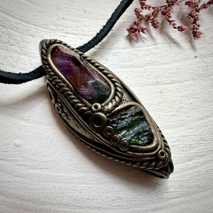 Super Seven Quartz and Moldavite Necklace - FairyGardenGlow