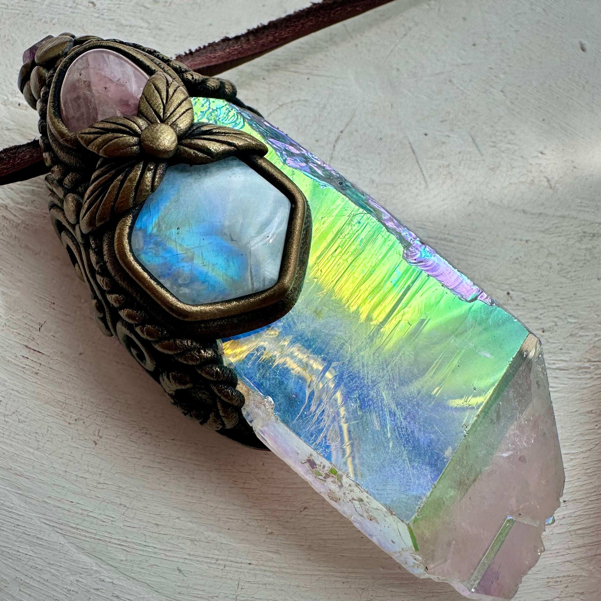Crystal Wand / Pendant, Angel Aura Quartz Rainbow Moonstone, Rose Quartz, Raw Ruby - FairyGardenGlow