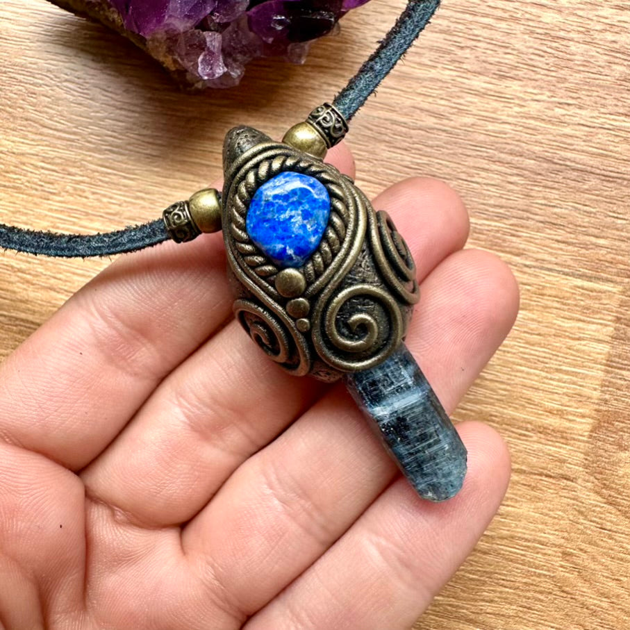 Blue Kyanite and Lapis Lazuli Pendant Necklace, Unisex Handmade Crystal Jewelry - FairyGardenGlow